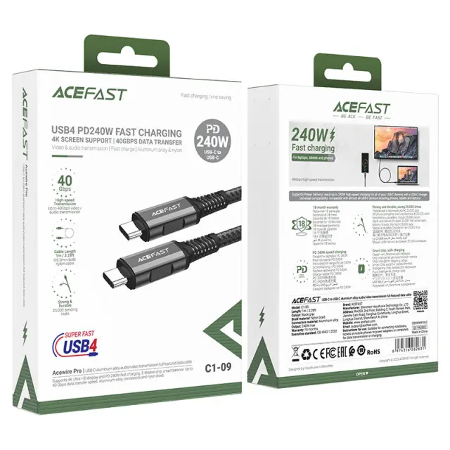 Καλώδιο Acefast C1-09 USB-C σε USB-C PD240W 40Gbps Data Transfer 4K Screem Support Μαύρο 1.2m 2
