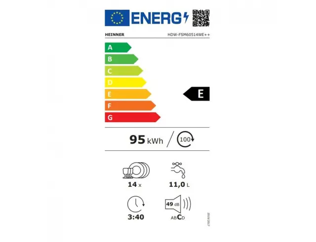 Εντοιχιζόμενο Πλυντήριο Πιάτων Heinner HDW-FSM60514WE++ με χωρητικότητα 14 σερβίτσια και ενεργειακή κλάση E - White HDW-FSM60514WE++ 2