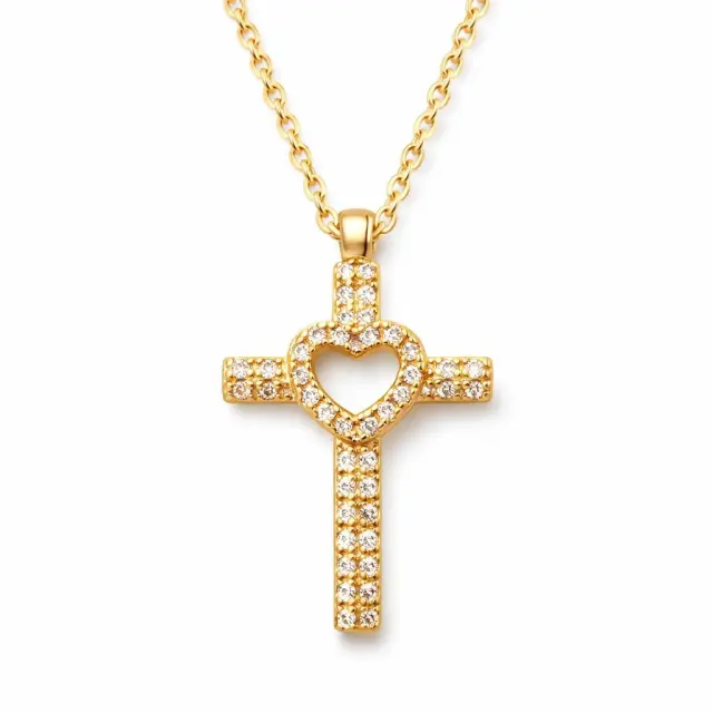 Ghetto CZ Cross 18k Pendant Necklace Full Diamond Hollow Heart