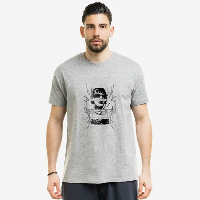 T-shirt Noshame® Γκρι Μελανζέ με τύπωμα Girl with Glasses - 122591 - XXL