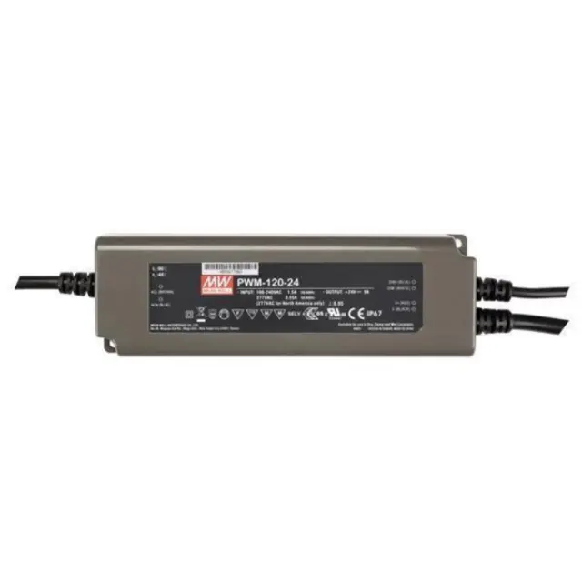 AC-DC Single output LED driver Constant Voltage (CV); PWM output for LED strips; Output 24Vdc at 5A; Dimming with 0-10Vdc or PWM; IP67 120W