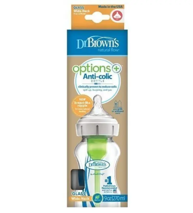 Dr. Brown's Natural Flow Options+ Γυάλινο Μπιμπερό με Φαρδύ Λαιμό και Θηλή Σιλικόνης, 270ml 1τμχ