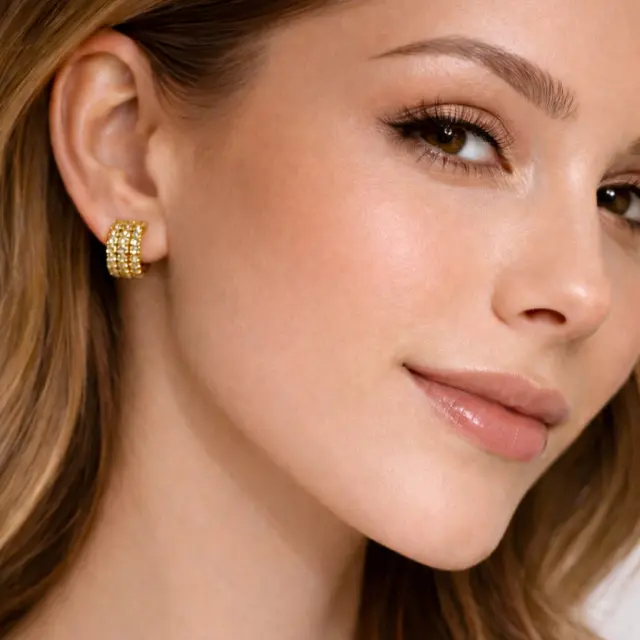 Ghetto Gold Triple Row Crystal Earrings | Stainless Steel Pave Mini Hoops 2
