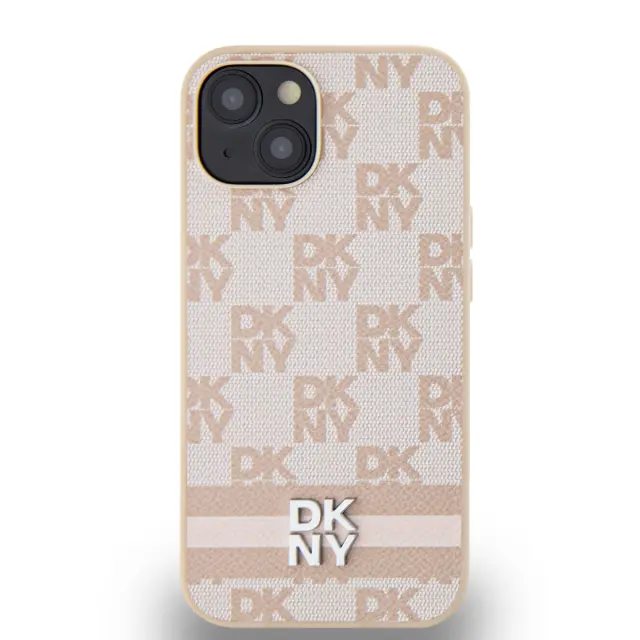 DKNY PU Leather Checkered Pattern and Stripe Case for iPhone 14 Pink 2