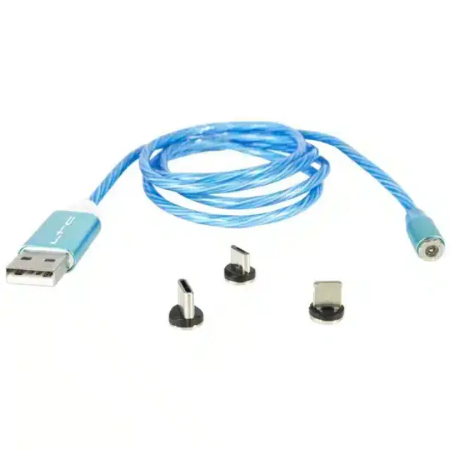 LTC Audio MAGIC-CABLE-BL - 1m Blue Luminous Magnetic Charging Cable with 3 Prongs (Lightning, USB-C, and Micro-USB) (65-1095) 2