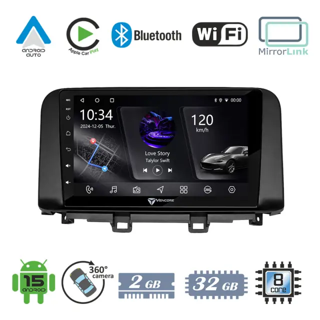 VenCore Οθόνη Multimedia Android 15 10.1" PX5S Octa-Core 2GB/32GB IPS με Πρόσοψη, CarPlay, Android Auto και Υποστήριξη Κάμερας 360° για Hyundai Kona 2018-2023 – Μαύρη (3236-10006-0342B)