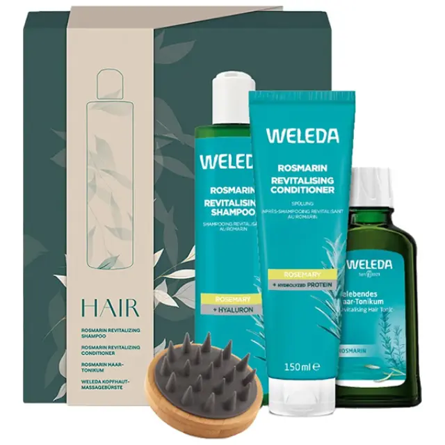 Weleda Rosmarin + Hyaluron Σετ Περιποίησης Μαλλιών με Rosmarin Σαμπουάν, 250ml, Conditioner, 150ml, Τονωτική Λοσιόν, 100ml + Δώρο Βούρτσα Μασάζ Κεφαλής, 1τεμ, 1σετ