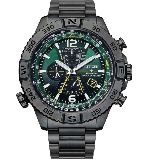 Citizen Promaster Navihawk Eco-Drive RadioControlled Men's Chronograph Watch Black Stainless Steel Bracelet AT8227-56X