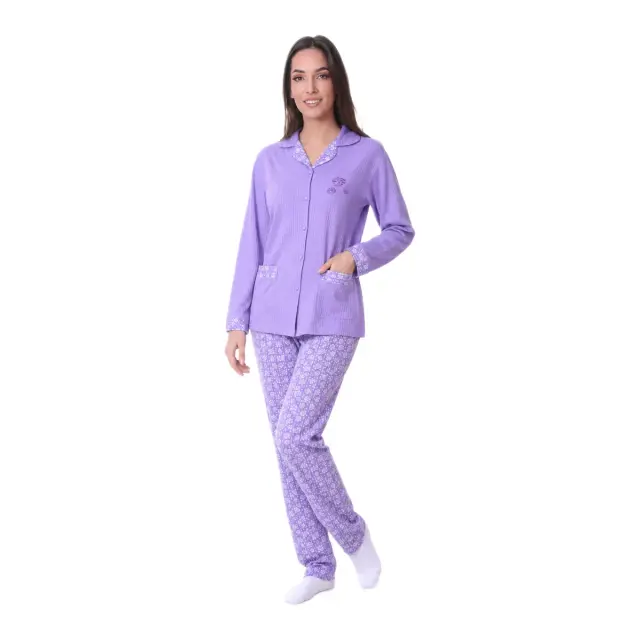 Lydia Creations Γυναικεία Πυτζάμα Κουμπωτή Rib LC, Χρώμα Λιλά 3
