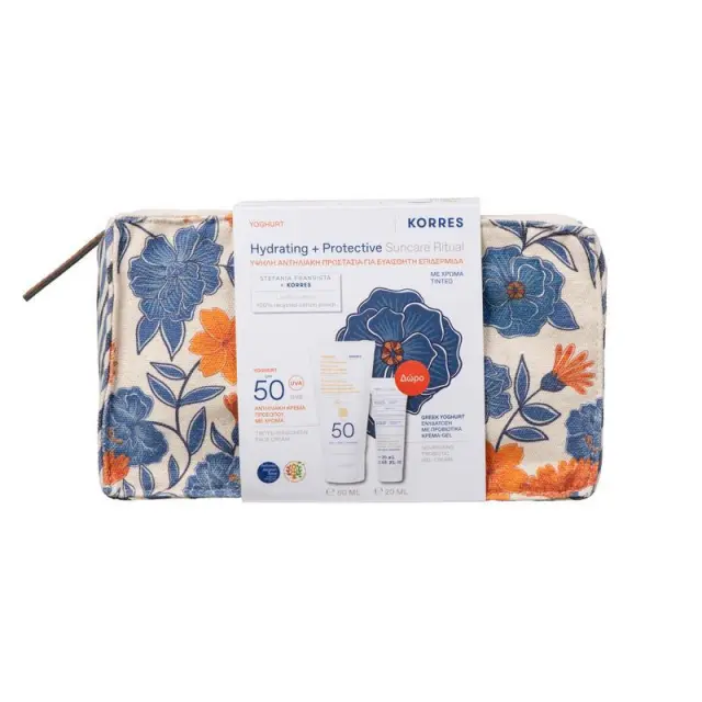 Korres Hydrating + Protective Suncare Ritual με Yoghurt Αντηλιακή Κρέμα Προσώπου με Χρώμα SPF 50, 50ml + Δώρο Greek Yoghurt Ενυδάτωση με Προβιοτικά Κρέμα-Gel, 20ml + Νεσεσέρ, 1τεμ, 1σετ 3
