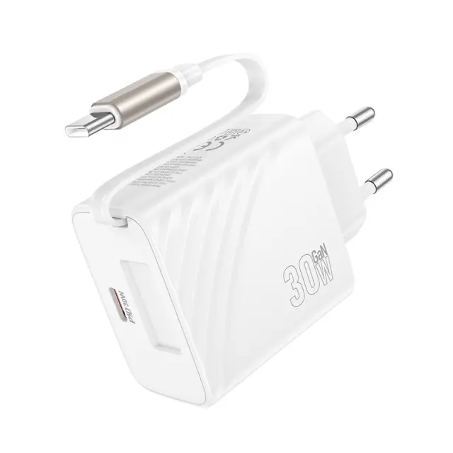 Φορτιστής Ταξιδίου Hoco N58 PD30W GaN με 1xUSB-C Θύρα και Αναδιπλούμενο Καλώδιο USB-C 65cm Λευκός