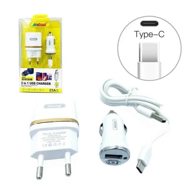 Andowl Σετ Αυτοκίνητου και Πρίζας με Θύρα USB-A και Καλώδιο USB-C Λευκός Q-DC60B 216151