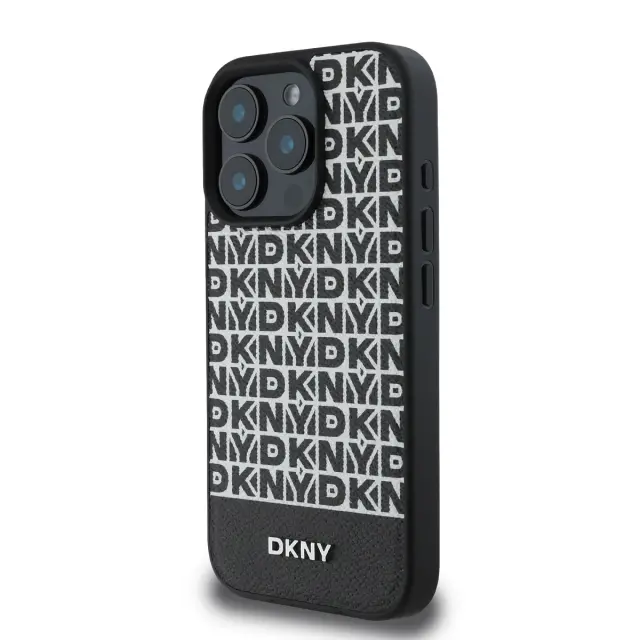 DKNY PU Leather Repeat Pattern Bottom Stripe MagSafe Case for iPhone 16 Pro Black 3