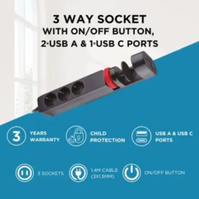 Πολύπριζο GSC 3 Θέσεων με Κουμπί On/Off, Θύρες 2xUSB A, 1xUSB C & Καλώδιο 1.4m (3 x 1.5mm) Μαύρο N67557 3
