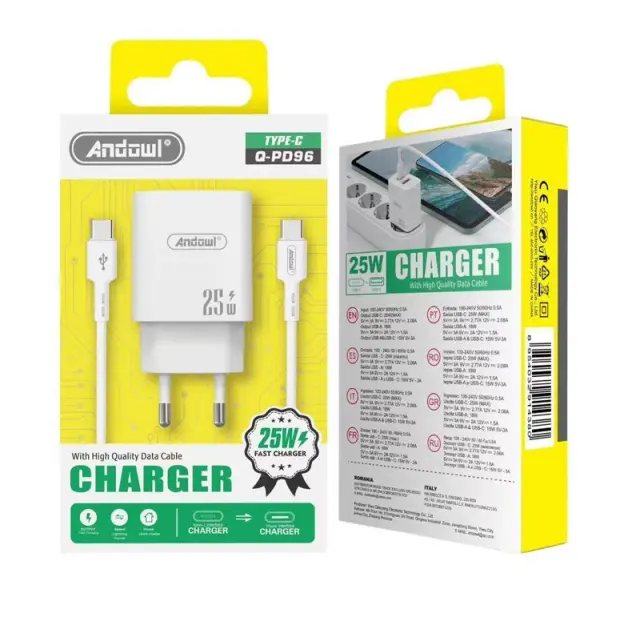 Andowl Φορτιστής με καλώδιο Type-C σε Type-C & USB-A 25W Q-PD96 - Charger 914380