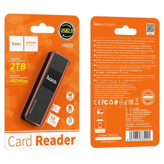 Αναγνώστης Κάρτας Μνήμης Hoco HB20 Mindful 2 σε 1 USB 2.0 έως 480Mbps και 2TB για Micro SD και SD Μαύρος 2
