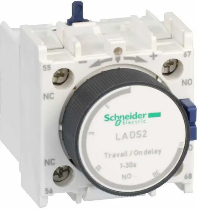 Time delay auxiliary contact block, TeSys Deca, 1NO + 1NC, on delay 1-30s, front, screw clamp terminals