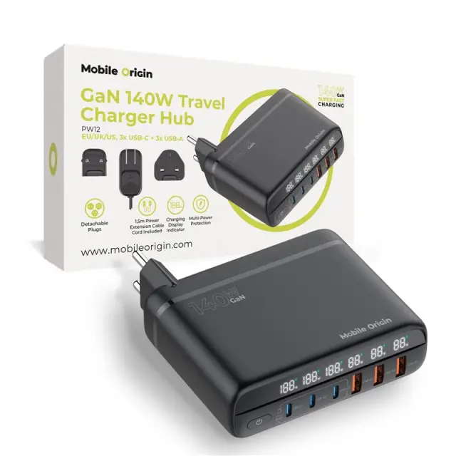Mobile Origin GaN 140W Travel Charger Hub PW12 EU/UK/US, 3x USB-C + 3x USB-A