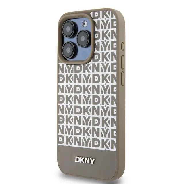 DKNY PU Leather Repeat Pattern Bottom Stripe MagSafe Case for iPhone 14 Pro Brown 3