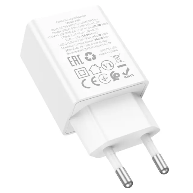 Φορτιστής Ταξιδίου Hoco N69 Nuevo PD20W 5V QC3.0A με 2 Εξόδους Φόρτισης 1xUSB-C και 1xUSB-A Λευκός 3
