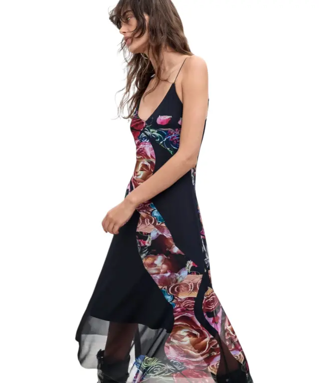 Desigual - Γυναικείο Ασύμμετρο Midi Φόρεμα Flowers M. C. Lacroix 26WWVK04-2000 Μαύρο 2