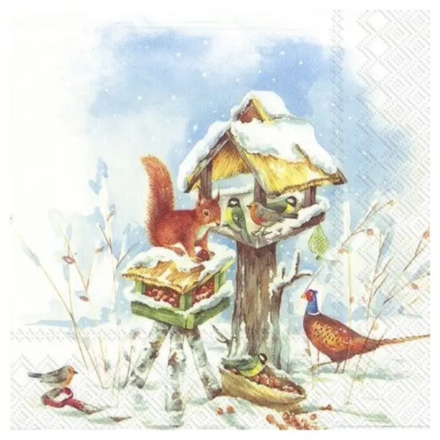 Χριστουγεννιάτικη χαρτοπετσέτα για decoupage, Lunch hour at the bird feeder