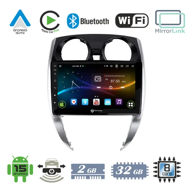VenCore Οθόνη Multimedia Android 15 10.1" 9109A MTK6762 Octa-Core 2GB/32GB IPS με Πρόσοψη, CarPlay, Android Auto και Υποστήριξη Κάμερας Οπισθοπορείας AHD για Nissan Note 2013-2018 – Μαύρη (3236-10008-0481B)