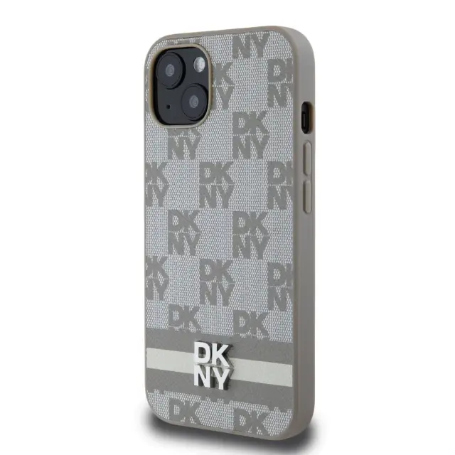 DKNY PU Leather Checkered Pattern and Stripe Case for iPhone 13 Beige 3