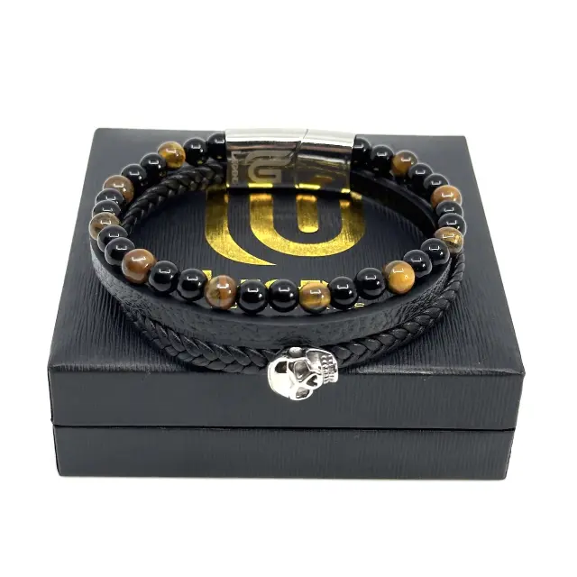 Μαύρο Δερμάτινο Βραχιόλι Tiger Eye Skull 2