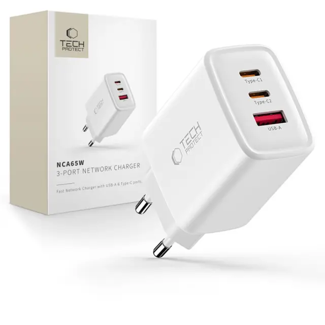Tech-protect Nca65w-gan 3-port Network Charger Pd 65w / Qc3.0 White