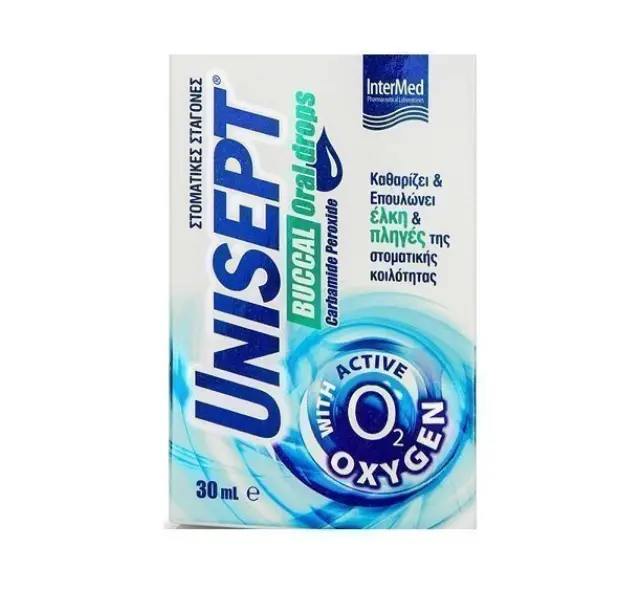 Intermed Unisept Buccal Oral drops Σταγόνες για τον Καθαρισμό και την Επούλωση των πληγών της Στοματικής Κοιλότητας, 30ml