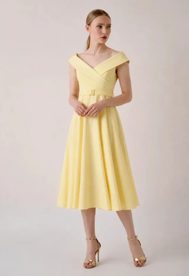 DESIREE Midi Off Shoulder Φόρεμα με Ζώνη Κίτρινο - M 3