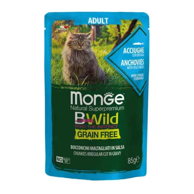 Monge Bwild Grain Free Υγρή Τροφή για Γάτες με Αντζούγιες & Λαχανικα 85gr