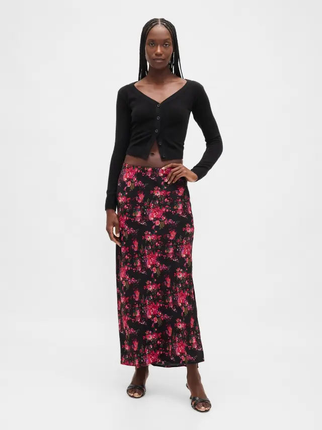 Maxi Slip Φούστα Black & pink blossom