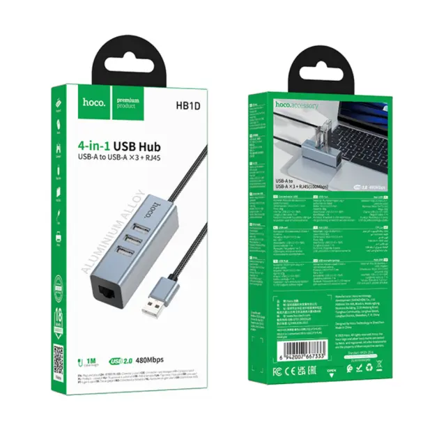 USB Hub Hoco HB1D 4-in-1 USB-A σε 3xUSB-A 2.0 + RJ45 εως 480Mbps Aluminum Alloy Γκρι 2