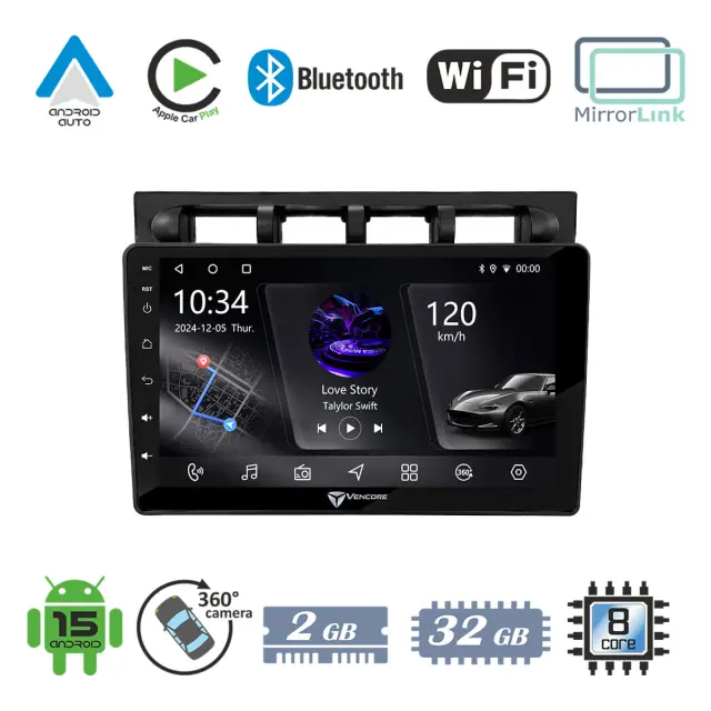 VenCore Οθόνη Multimedia Android 15 9" PX5S Octa-Core 2GB/32GB IPS με Πρόσοψη, CarPlay, Android Auto και Υποστήριξη Κάμερας 360° για Kia Picanto 2004-2007 – Μαύρη (3236-10005-0469B)