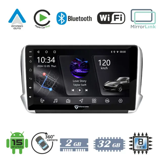VenCore Οθόνη Multimedia Android 15 10.1" PX5S Octa-Core 2GB/32GB IPS με Πρόσοψη, CarPlay, Android Auto και Υποστήριξη Κάμερας 360° για Peugeot 208/2008 2012-2016 – Μαύρη (3236-10006-0164B)