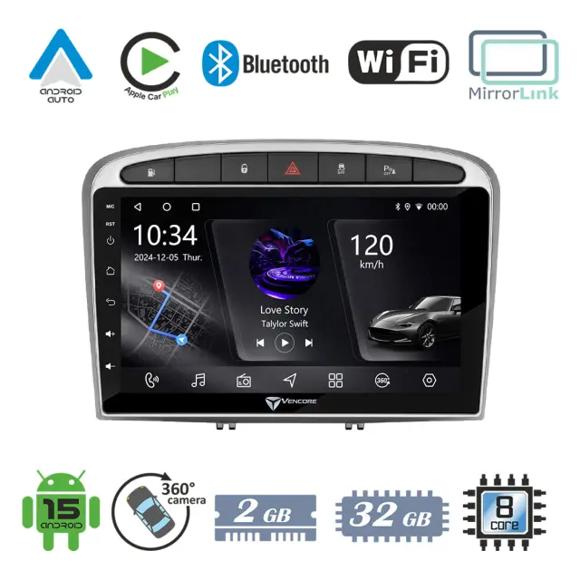 VenCore Οθόνη Multimedia Android 15 9" PX5S Octa-Core 2GB/32GB IPS με Πρόσοψη, CarPlay, Android Auto και Υποστήριξη Κάμερας 360° για Peugeot 308 2008-2012 – Ασημί (3236-10005-0705S)