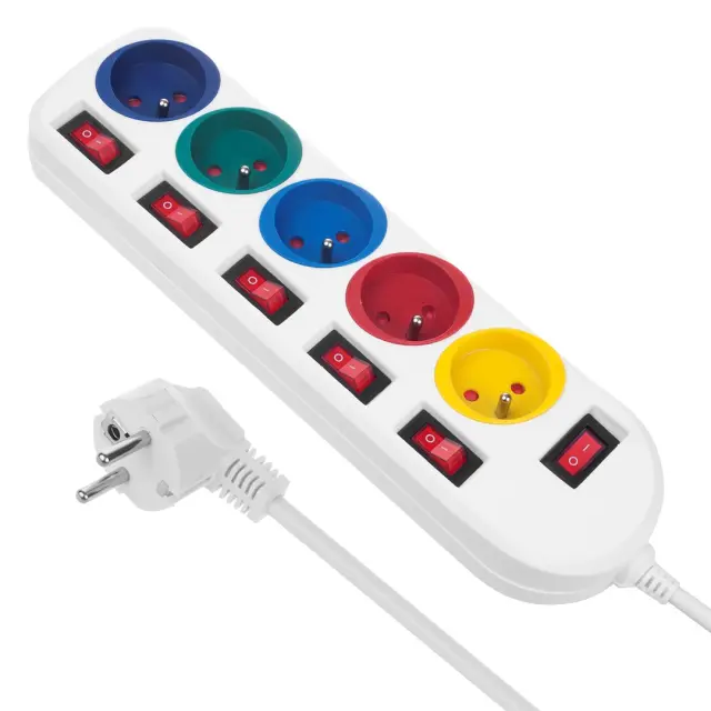 Maclean power strip, 5 socket extension cable, with switches, 250VAC-10A, 1.5m, MCE204 M-W
