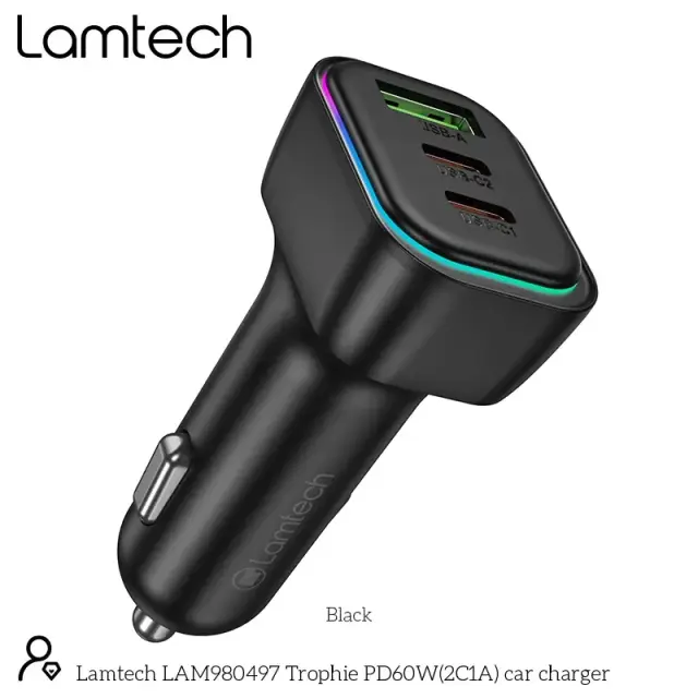 LAMTECH LAM980497 HIGH POWER 3-PORT CAR CHARGER 60W BLACK 3