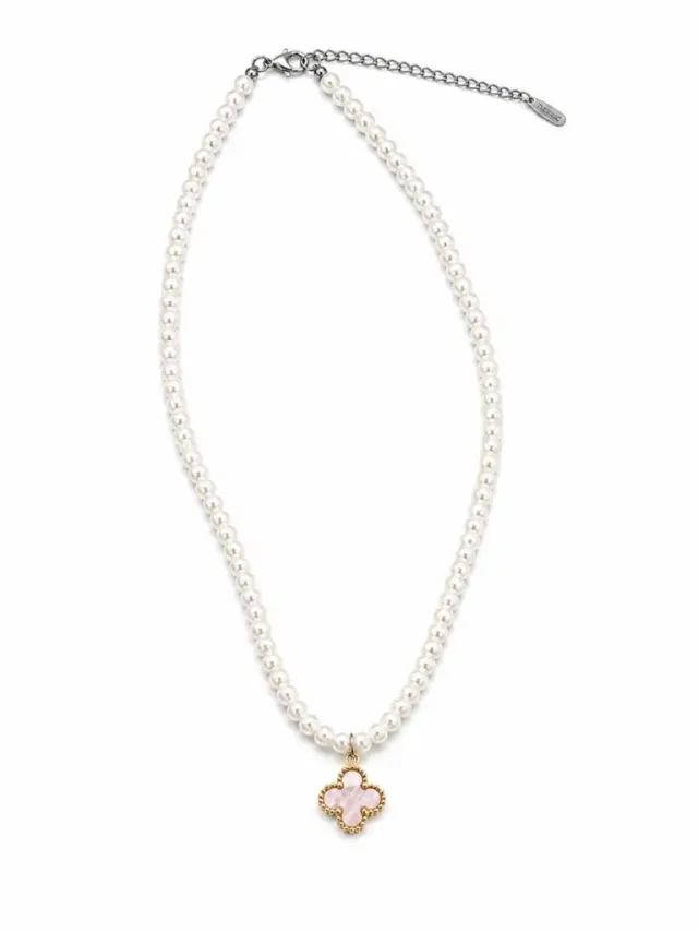 Ghetto Stainless Steel Pearl Clover Necklace | Pink Pendant 2