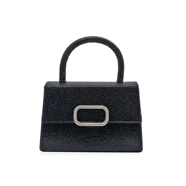 Ghetto Rhinestone Top Handle Bag with Chain Strap | Luxury Crystal Evening Handbag Black
