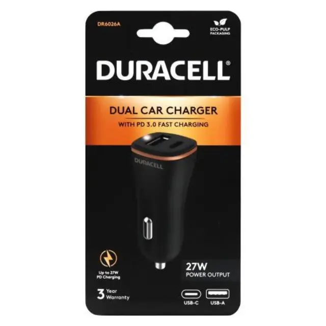 Φορτιστής Αυτοκινήτου Ταχείας Φόρτισης Duracell με Διπλή Έξοδο USB A & USB C PD 3.0 27W Μαύρο-Μπρονζέ N58831