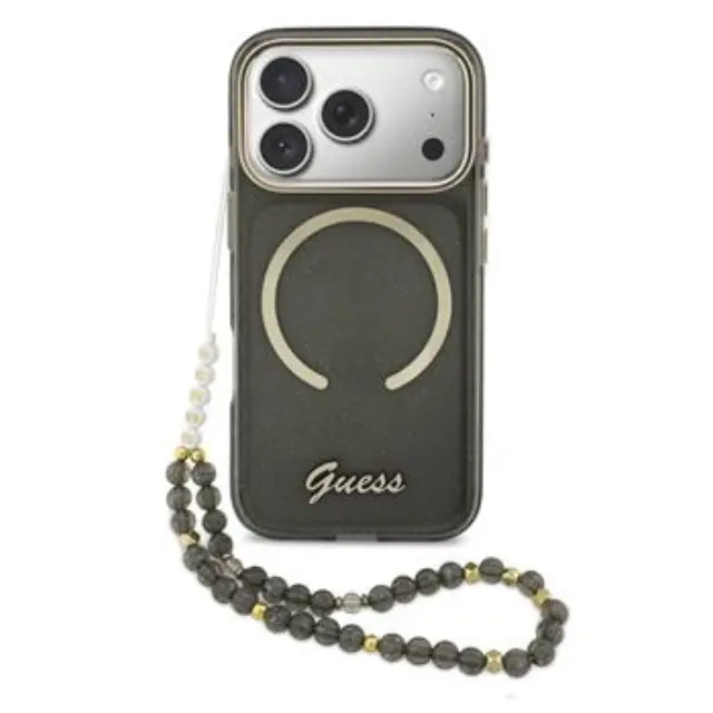Guess IML Glitter Script Strap MagSafe Case for iPhone 17 Pro Black