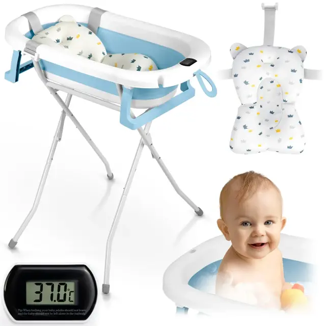 Ricokids Πτυσσόμενη Μπανιέρα Μωρού με Βάση Θερμόμετρο και Μαξιλάρι Μπλε