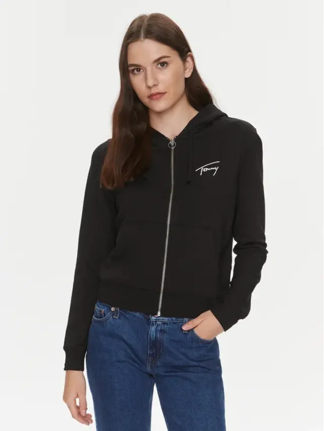 Tommy Hilfiger - Reg Signature Zip Thru Γυναικεία Ζακέτα με Κουκούλα DW0DW17338-BDS Μαύρο - L