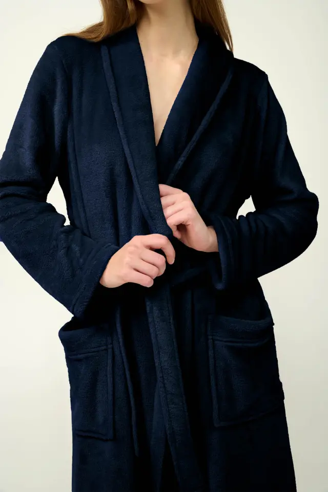 Μονόχρωμη Μακριά Γυναικεία Ρόμπα Fleece Vamp 23361 BLUE 3