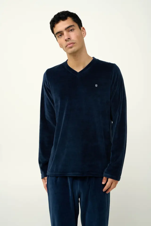 Βελουτέ Μονόχρωμη Ανδρική Πυτζάμα Vamp 23704 BLUE BLAZER - M