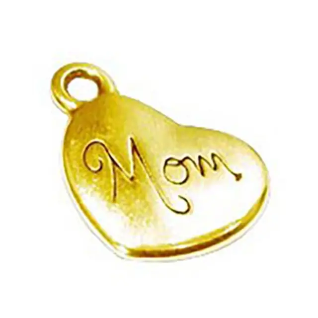 Μεταλλικό Χυτό Μοτίφ Καρδιά "Mom", 24K Gold Plated, 14mm - 4τεμ