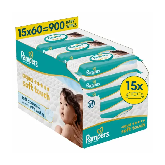 Pampers Promo Pack Aqua Soft Touch, Πακέτο Βρεφικά Μωρομάντηλα με Σύνθεση 99% Νερό, 15×60, 900τμχ